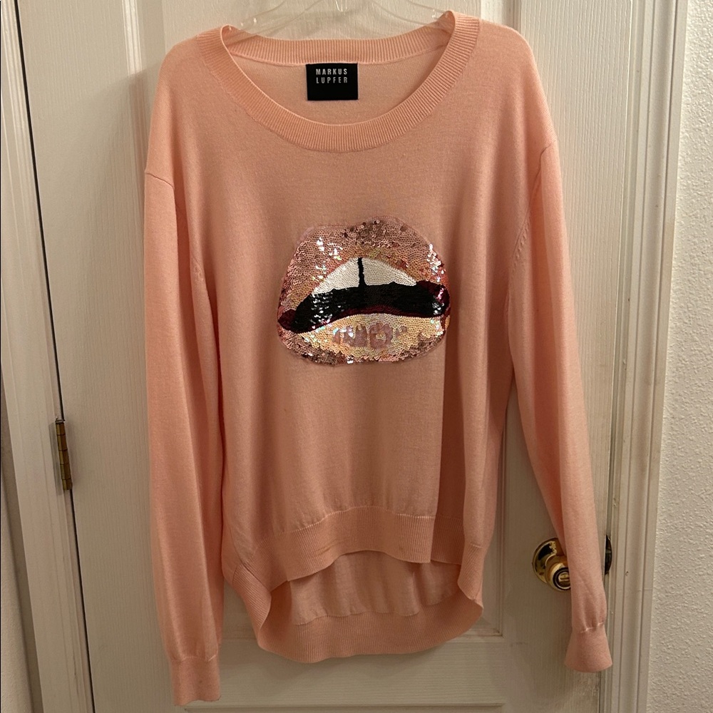Naked Zebra Blush Sequin Lip Sweater